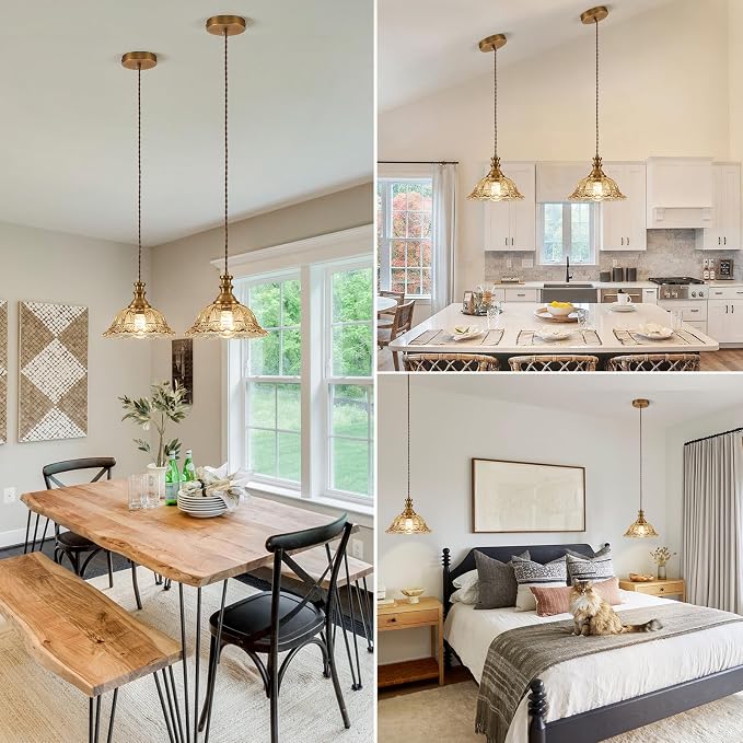 HDDFL Glass Pendant Lights Modern Pendant Lighting Fixtures Hanging Lamp for Kitchen Island Bedroom Dining Room Coffee Shop Hallway Amber and Brass 2 Pack