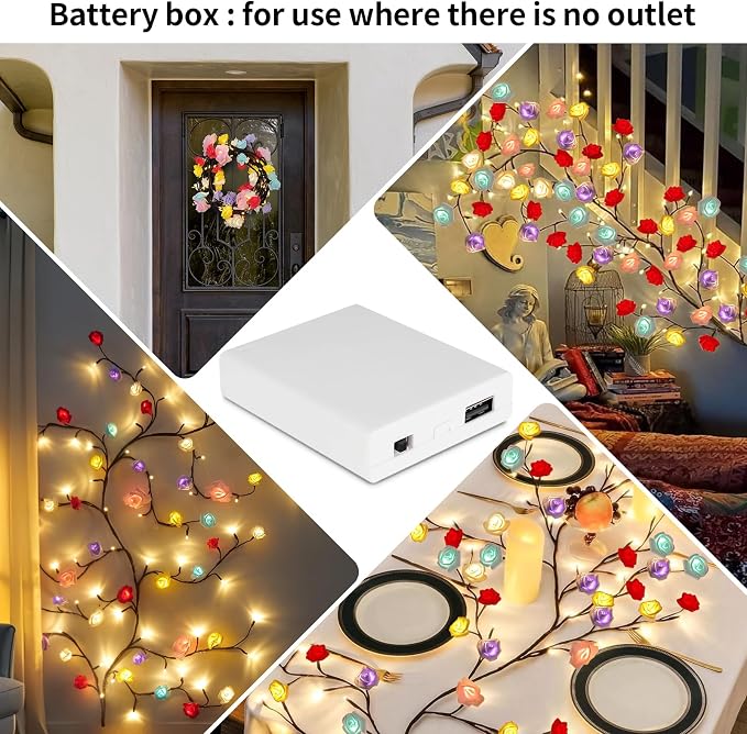 7.55FT 144LED Macaroon Rose Blossom Enchanted Willow Vine Light,Battery Box | 6 Color USB Blossom Tree Branch Lights for Wall, Remote Timer,8 Light Model,Bedroom Wall Doors Wedding, Christmas