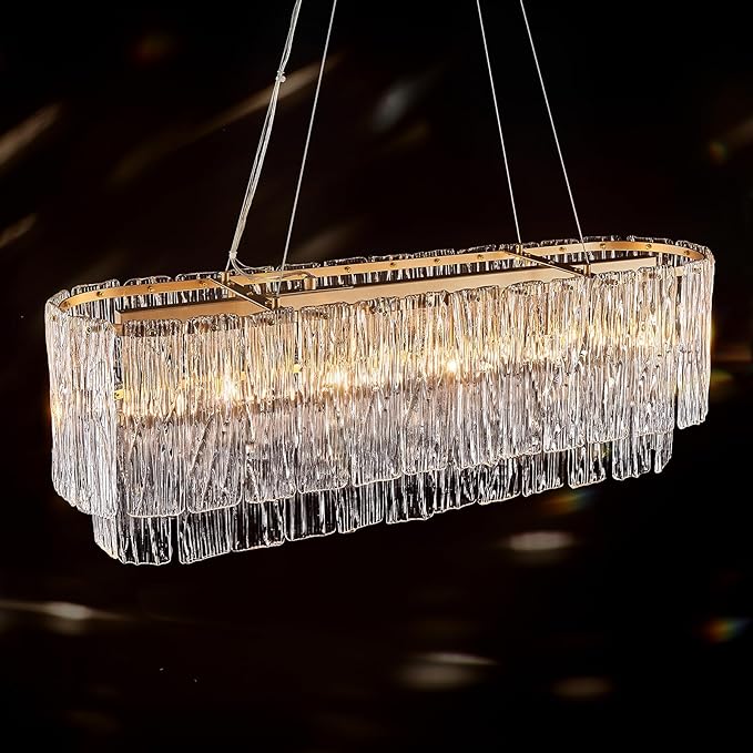 Gold Rectangle Chandeliers for Dining Room Modern Island Light Crystal Glass 6-Light Chandelier Rectangular Linear Pendant Hanging Ceiling Light Fixture for Kitchen L35.5”