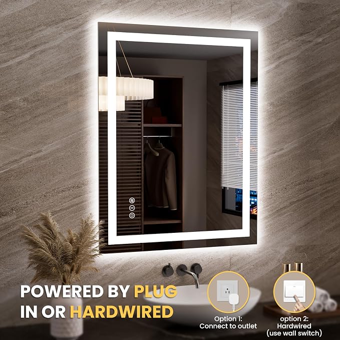 LOAAO 27.6"x35.4" LED Bathroom Mirror with Lights | Anti-Fog, Dimmable, 3 Color Temperature, Backlit + Front Lit, Memory Function, Tempered Glass, UL Listed