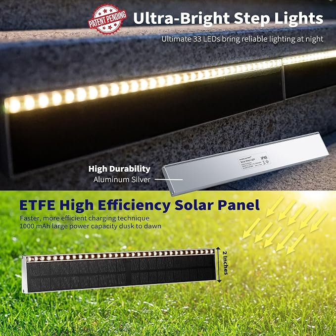 Solar Step Lights Outside, 33 Focused LEDs, Stair Light, 12PK | Downward Lighting, High Brightness, Modular, Waterproof Aluminum, Risers, Deck, Curbsides, Planter Edges, Warm White, 3000K