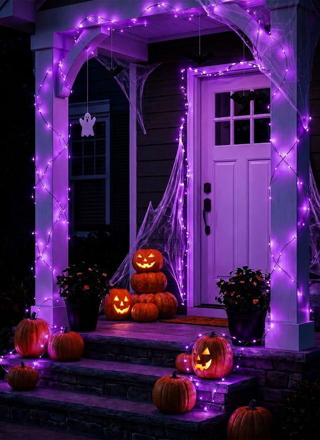Halloween Fairy Lights Plug in, 33Ft 100LEDs Purple Fairy Lights, Waterproof Flexible Black Wire String Lights for Bedroom Home Party Ghost Haunted House Indoor Outdoor Halloween Decorations, Purple