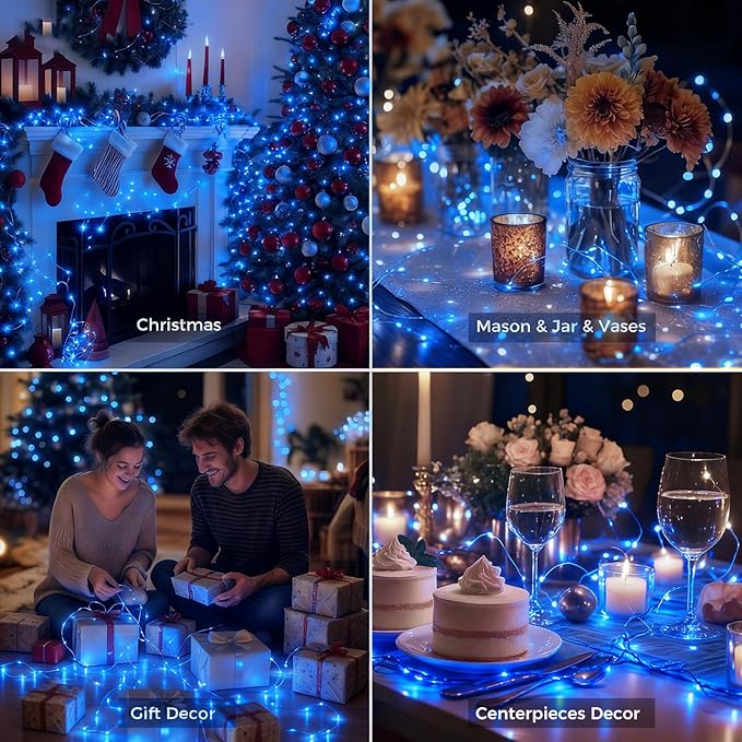 litogo 6 Pack Blue Fairy Lights Battery Operated with Timer, 20 LED 3 Modes Twinkle Light, 7ft Waterproof Silver Wire Mini Small Bulk Mason Jar String Light, Decor for Wedding Party Christmas