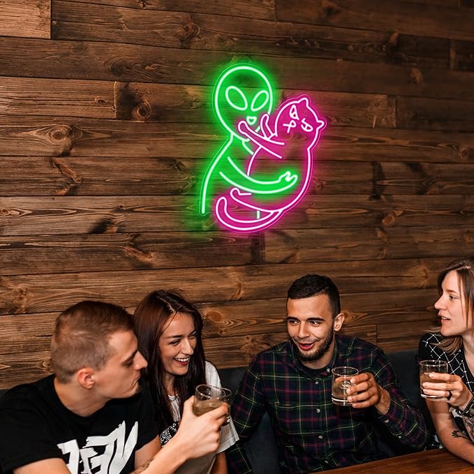 Kavaas Alien Cat Neon Sign, Green Alien Petting Cat LED Light for Game Room, Party, Bar, Man Cave Decor | Alien Neon Light Wall decor - Best Gifts for Alien Fans, Teenage Boys, Kids