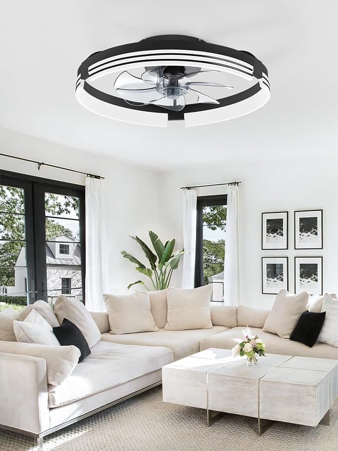 ZMISHIBO Low Profile Ceiling Fans with Lights and Remote, 20" Black | 3000K-6000K Dimmable Fandelier LED, Flush Mount, 6 Wind Speeds, Reversible, Timer, Bedroom, Living Room, Kitchen, Kids Room