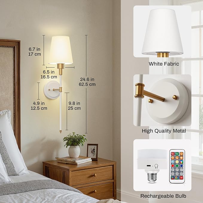 Battery Operated Wall Sconce: Set of 2 Wireless Wall Light 12000mAh | 15 Color Rechargeable Wall Sconces, Sconce Wall Decor Set of 2 for Bedroom, Living Room, Gold, 24.6in