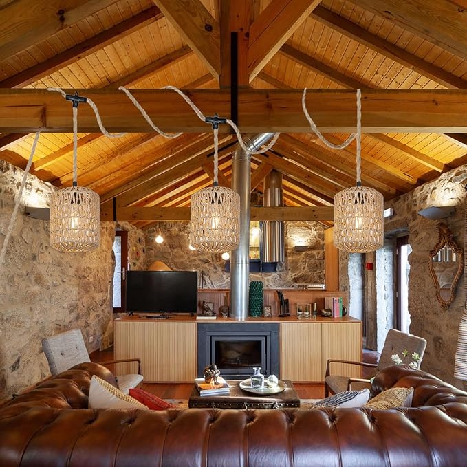3 Lights Plug in Pendant Light with Cord On/Off Switch Rattan Hanging Lamp with 22ft Hand Woven Wicker Plug in Chandelier Boho Hanging Lights Fixture for Bedroom Kitchen Hallway Foyer