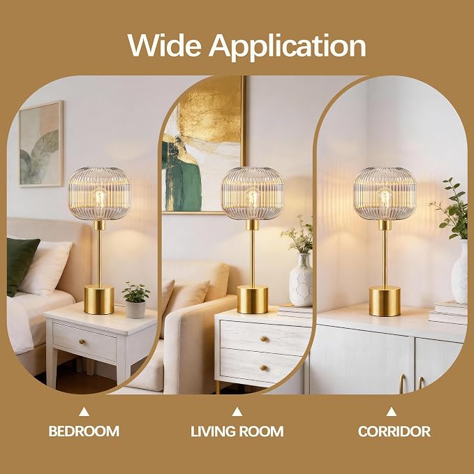 Glass Table Lamp for Living Room, Modern Gold Clear Bedroom Bedside Lamp | LED Bulb Included, Large Ribbed Glass Shade, 3-Way Dimmable, Touch Control, Brushed Gold, Nightstand Lamp, 2700K Warm Light
