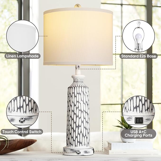 QiMH 26" Table Lamps Set of 2, Modern Bedside Lamps with USB A+C Ports, 3-Way Dimmable Touch Control & White Shade, Coastal White Gray Nightstand Lamp for Living Room Bedroom, Included 2700K LED Bulbs | USB A+C Ports, 3-Way Dimmable Touch Control, Line...