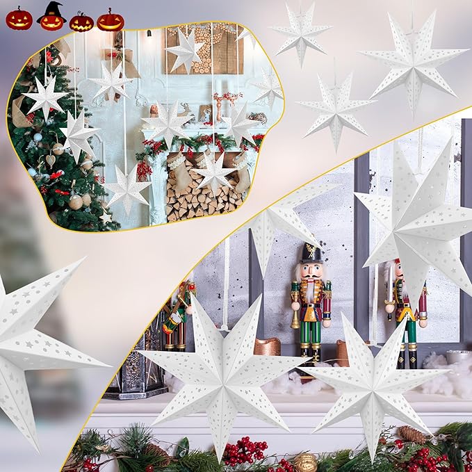 8 Pack 18 Inch/ 12 Inch/ 10 Inch 3D Paper Stars 7 Pointed Hanging Star Lanterns Lampshade Hollow Paper Star Lantern for Christmas Wedding Home Birthday Party Decorations, 3 Size
