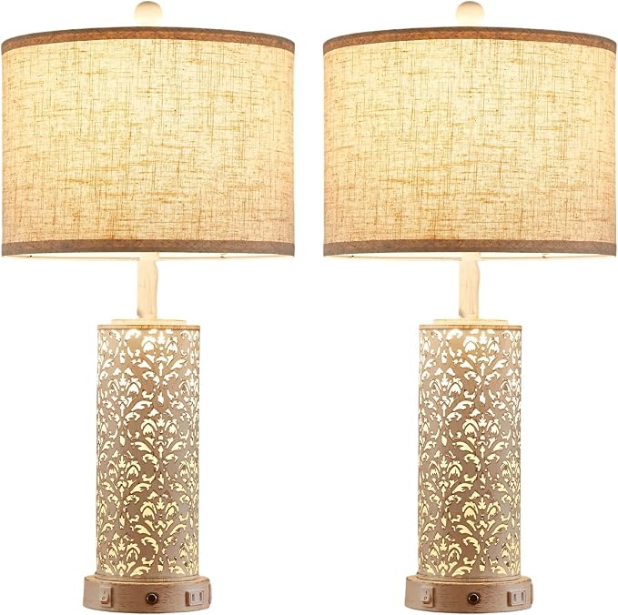 SAIWEYA 26" Farmhouse Table Lamp for Living Room Bedroom, Dimmable Touch | 3 Way Dimmable, 2 USB Ports + AC Outlet Bedside Lamp for Nightstand, LED Bulb Included, Fabric Shade, Flower Metal Body