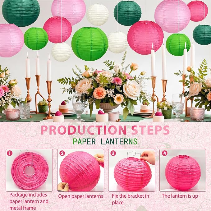 15-Piece Pink Green White Paper Lanterns Party Decorations | 6/8/10-Inch Hanging Decor for Princess Birthdays, Baby Showers, Witch Themes, Bachelorette and Summer Parties