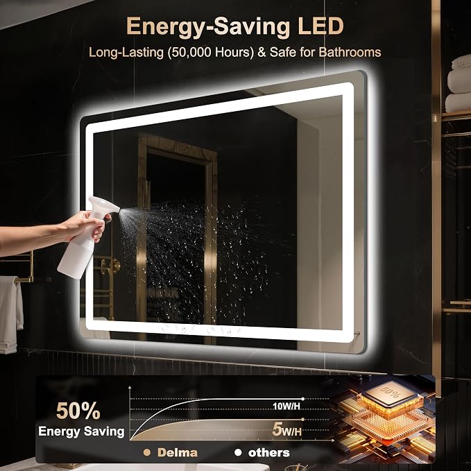 30x40 LED Bathroom Vanity Mirror with Lights, Anti-Fog, Dimmable | Front & Backlit with 3 Color Modes and Memory, 5mm Shatterproof Glass, Plug-in or Hardwired, Horizontal or Vertical