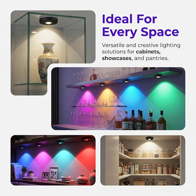 Rechargeable Magnetic Puck Lights, RGB Under Cabinet Lighting with Remote & Touch Control, Dimmable/3 Color Temps/Timing, Wireless Stick-On Lights for Kitchen Shelf Pantry