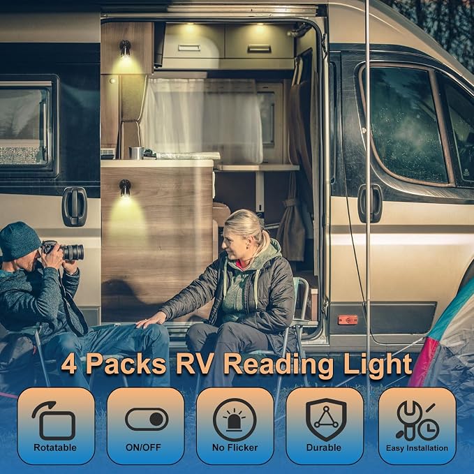 4 Pieces DC12V- 24V RV Lights Interior Reading Lamp Rotatable LED Bedside Lamp 3W RV LED Spotlight for Boats, Trailers, Vans and Motorhomes (Black, Warm Light 3000K)