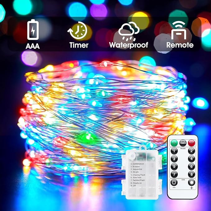 Minetom 33FT 100LED Multicolor Fairy Lights Battery Operated with Remote | Waterproof Twinkle Lights for Bedroom Dorm Patio Tapestry Backyard Garden Party Indoor Christmas Decoration