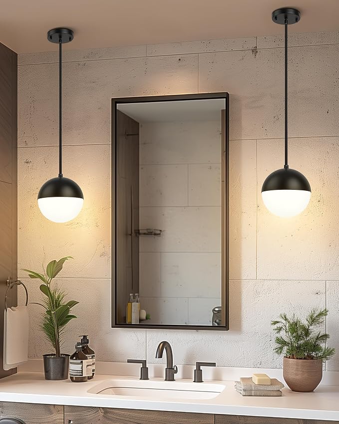 Mid Century Pendant Lights, Matte Black Kitchen Island Light Fixtures with White Globe Glass Shade, Adjustable Hanging Cord, 3 Pack for Home Office Dining Room Bathroom, LMS-186PL-BKWS3PK
