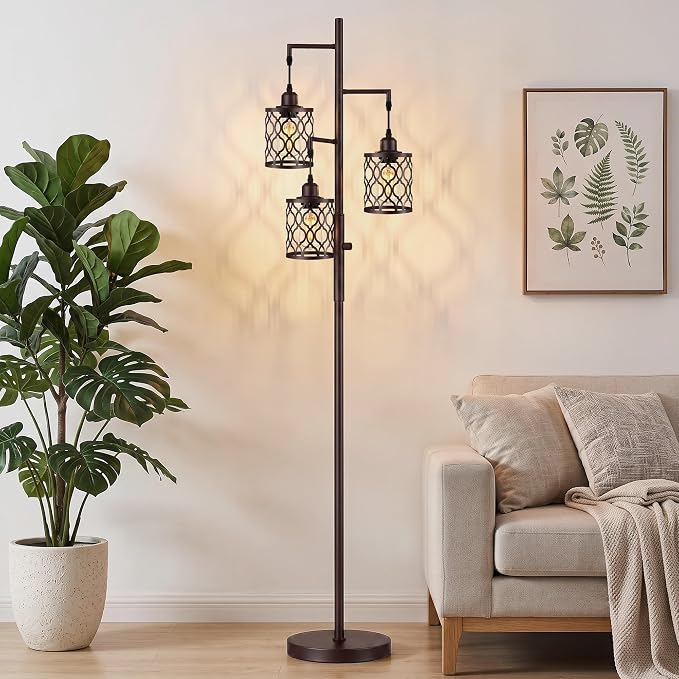 73" Dimmable Farmhouse floor lamps for living room, Industrial Tree Floor Lamp with 3 X 6W LED Bulbs, Stepless Dimming, Metal Cage Shades, 3 Light Rustic Standing Tall Lamp for Bedroom, Office, Brown
