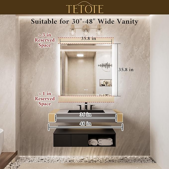 TETOTE 36 x 36 Square LED Mirror Backlit, Beveled Bathroom Mirror with Backlight, Safe Tempered Glass, 3 Color Temperature, Defogger, Dimmable, Smart Bathroom Mirror, Wall-Mounted Vanity Mirrors