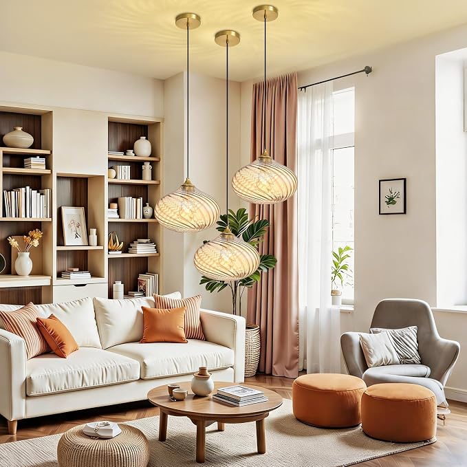 11in Gold Pendant Lights Kitchen Island with Amber Glass Shade 1Pack | Handcrafted Glass Pendant Light Fixtures, UL Certified, E26 Base 100W Max, Height-Adjustable, Dimmable Hanging Pendant Light