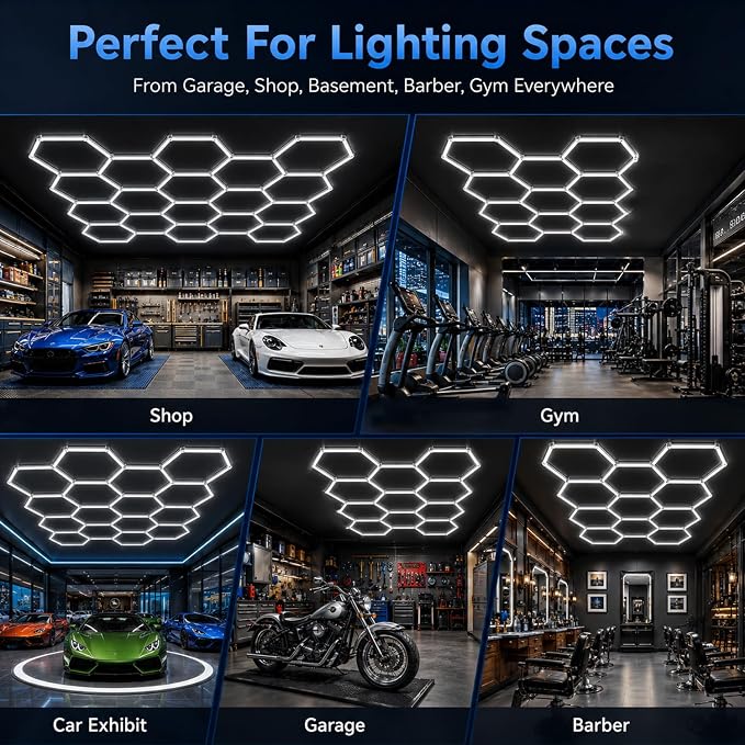 Hexagon LED Garage Light, 64500LM Ultra Bright 14-Hexagon 58-Tube Honeycomb Ceiling Lights, 6000K Daylight for Garage Gym, Car Detailing, Workshop, Warehouse & Auto Studio, DIY Hex Lights