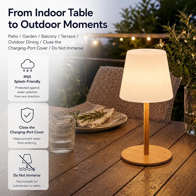 Rechargeable Table Lamp, Cordless Shower Lamp for Bathroom, IP65 Wood Grain | Bathroom To Bedside Glow, Touch-Dim Comfort, 4000mAh USB-C Ease, 12-24H Light, 3 Light Moods, 2-Height Fit