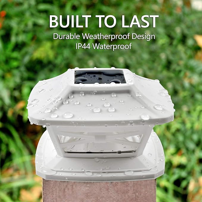 Flexfit Solar Outdoor Post Cap Lights - Includes Bases for 4x4 5x5 6x6 Wooden Posts - Bright LED Light - Pearl White (8 Pack) | Pearl White, Wooden Posts, fence/deck/garden/patio, UV fade-protected plastic, auto-on, 7-8h, cordless, IP44, 25lm warm white