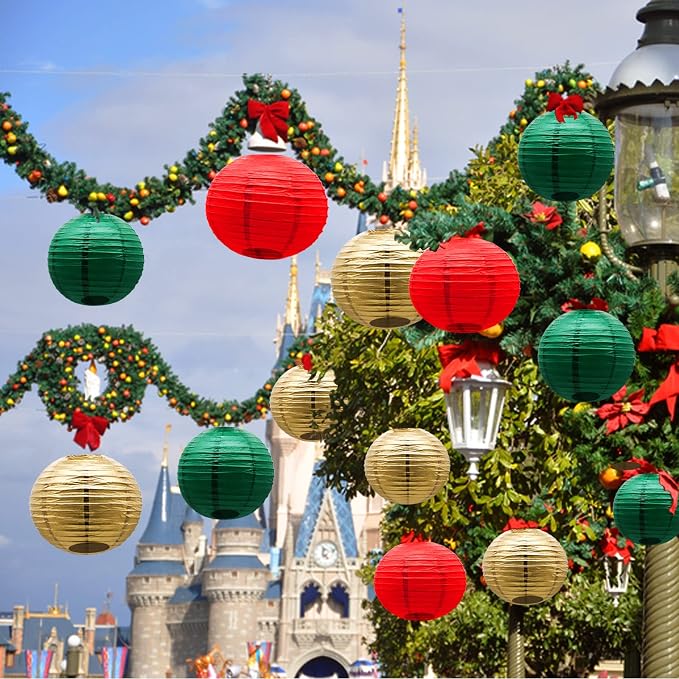 21-Pack Green Red Gold Hanging Paper Lanterns Decorative | 4/6/8/10 inches Round Lantern for Christmas, Italian Party, Mexico Party, Graduation, Anniversary, Birthday Decorations
