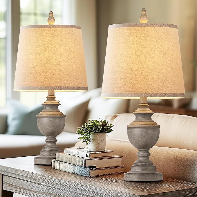 Retro Table Lamps Set of 2, Bedside Lamp for Bedroom Rustic Farmhouse Table Lamps for Living Room, 22" Vintage Nightstand Lamps with White Shades, Antique Grey