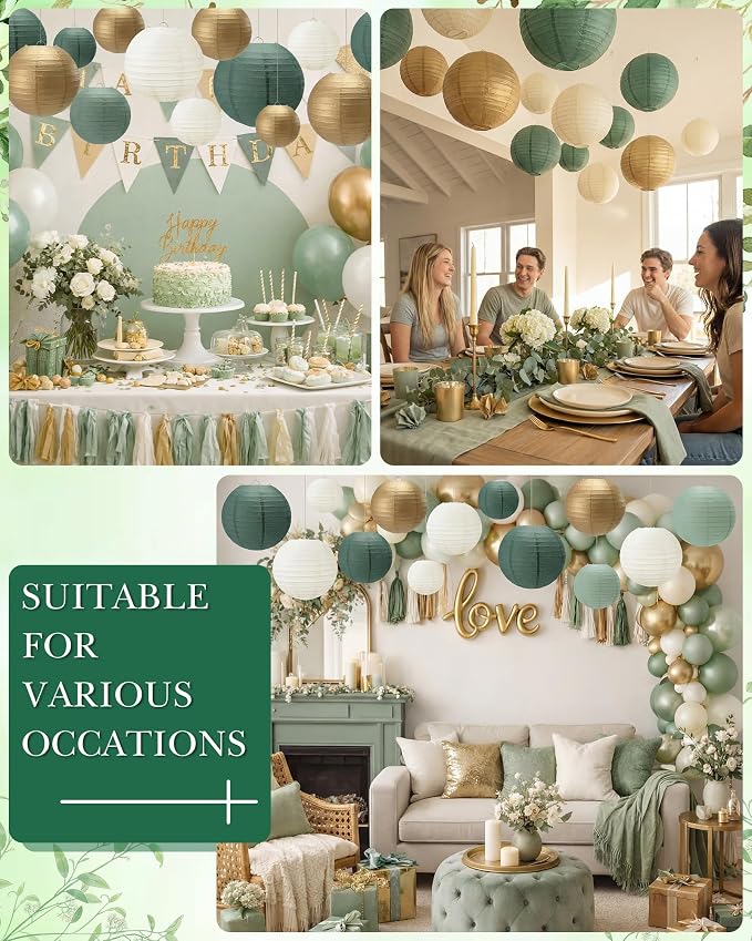 Treela 48 Pcs Paper Lanterns Party Decorations Round,Gradient Green | Chinese Hanging Lamps, Wedding, Party Supplies, Birthday Bridal, 4/6/8/10 Inch, Easy Setup, Asian Decor, Festive Atmosphere