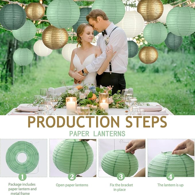 15-Pack Sage Green Gold Paper Lanterns Party Decorations | Assorted 6, 8 & 10-Inch Hanging Lanterns for Baby and Bridal Showers, Graduations, Weddings, Birthdays and Outdoor Receptions