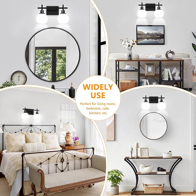2-Light Black Bathroom Lighting Fixtures Over Mirror,Modern Vanity Lighting Fixtures,Bathroom Wall Mounted Vanity Light with Milky White Glass Lampshade for Living Room,Bedroom,Hallway