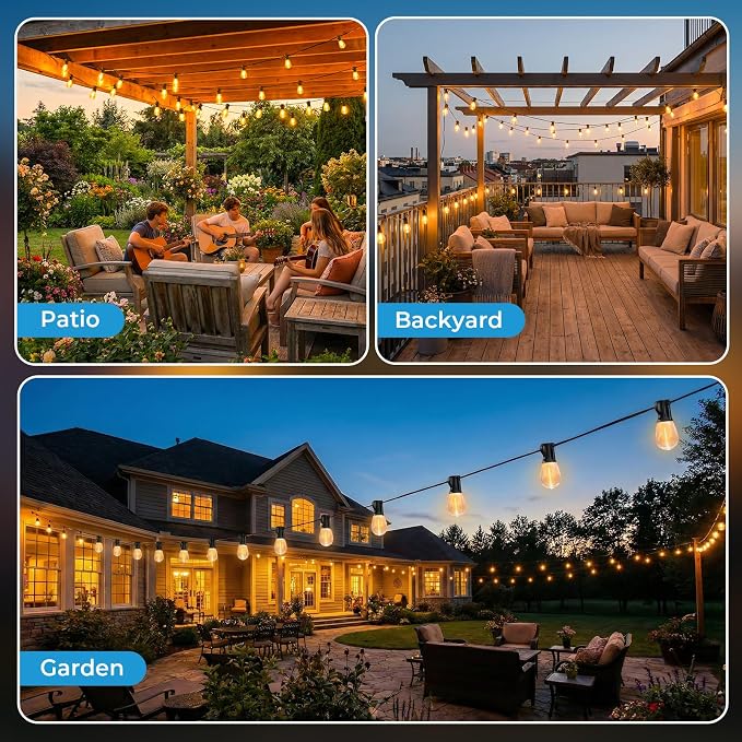 GvvooHome 50FT S11 LED Outdoor String Lights with App & Remote, Low-Voltage Patio Lights with Music Sync, 4 Lighting Modes, Dimmable, Waterproof LED Outdoor Lights for Porch, Deck, Garden, Backyard