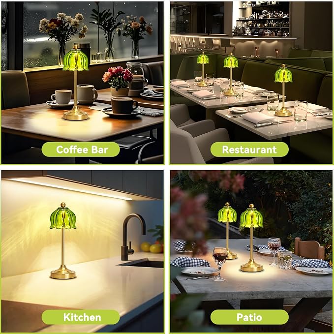 Small Tulip Cordless Table Lamp, LED Touch Accent Lamp with Amber Glass Shade, Dimmable Vintage Table Lamps for Bedroom, Kitchen, Nightstand, Restaurant
