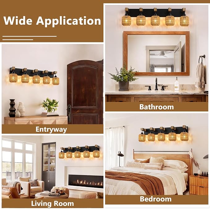 LmnLvn 5-Light Bathroom Vanity Light, Boho Farmhouse Rattan Handwoven Shade | Wood & Metal Frame, Rattan Vanity Light Design, Mounted Over Mirror, Easy To Install for Restroom, Bedroom & Hallway