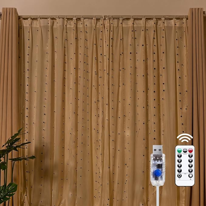Brightown 300 LED Fairy Curtain Lights, Curtain String Lights | USB Plug in 8 Lighting Modes Christmas Decoration, Hanging Lights with Remote for Bedroom Indoor Weddings Dorm Black 2 Pack