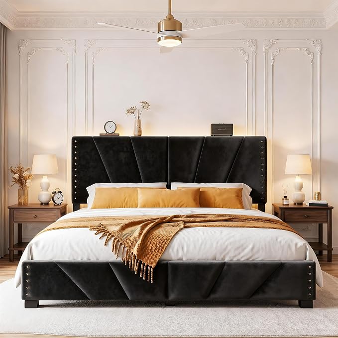 EnHomee King Size Bed Frame with LED Lights & USB, Noise-Free, Black | Adjustable Velvet Headboard,Under-Bed Storage,Heavy Duty Support with 12 Slats,No Box Spring Needed,Easy Assembly for Bedroom
