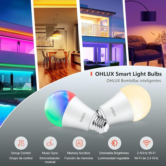 OHLUX Smart Light Bulbs 8Pack, WiFi & Bluetooth, RGB Color Changing, 100W Equivalent, Dimmable, A19 E26 110V, Compatible with Alexa, Google Assistant, Music Synic