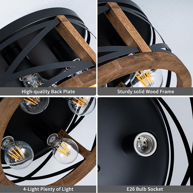 Farmhouse Light Fixtures, 4-Light Round Flush Mount Ceiling Light with Wood and Metal Frame, Black Rustic Ceiling Light for Hallway, Entryway, Bedroom, Kitchen