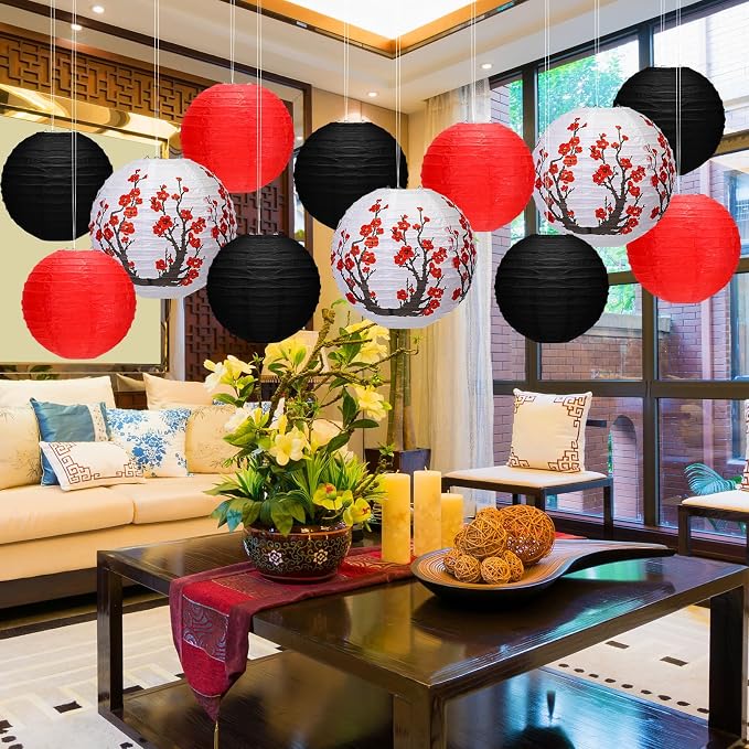 Mudder 20 Pack Japanese Sakura Paper Lanterns, Red Black White Hanging Lantern Decorations, Asian Zen Theme Party Decor for Hibachi Birthday Wedding Restaurant Home Decoration