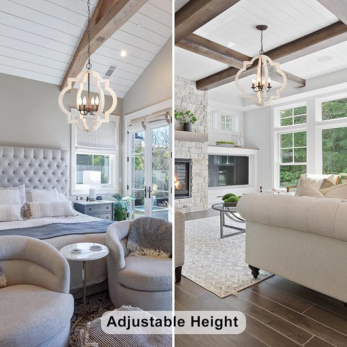22" Farmhouse Chandelier Distressed White Wood Dining Room Light Fixture | Oak, Rustic Country Style, Large Lantern, 4-Light Hanging Pendant Light For Foyer Entryway Kitchen Island Bedroom Over Table