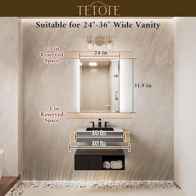 TETOTE 24 x 32 LED Mirror Backlit, Beveled Bathroom Mirror Backlight, Safe Tempered Glass, 3 Color Temperature, Defogger, Adjustable Brightness, Smart Bathroom Mirror, Lighted Vanity Mirrors for Wall