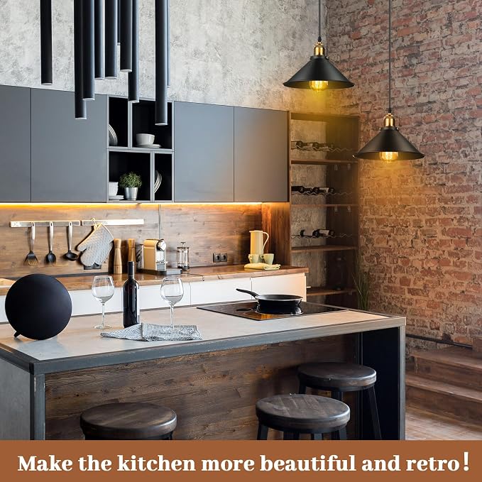 12 Pcs Industrial Pendant Light Vintage Metal E26 Base Hanging Light Rustic Dome Pendant Lamp Fixture Farmhouse Kitchen Hanging Ceiling Lamp for Dining Room Bedroom Hallway Bar (Black)