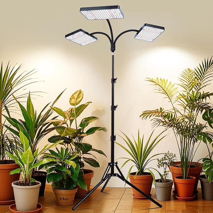 3Head Grow Light with Stand, 75 Watt Bright Enough and Big Coverage, Natural Sunlight Full Spectrum Plant Growing Lamps for Tall&Large Indoor Plants, Bonsai Tree, 4/8/12/16/20H 5-Mode Timer