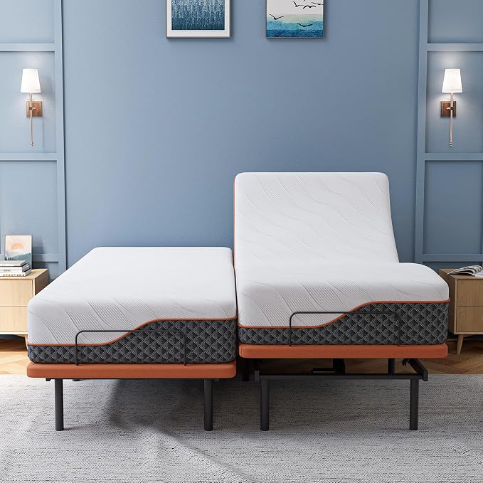 ESHINE Split King Adjustable Bed Frame 12" Hybrid Matt with Dual USB | Bed Base, Lumbar Support, Head-Pillow-Tillt, Zero Gravity, Wireless Remote, Smart App, Under Bed Light, 6000 Series