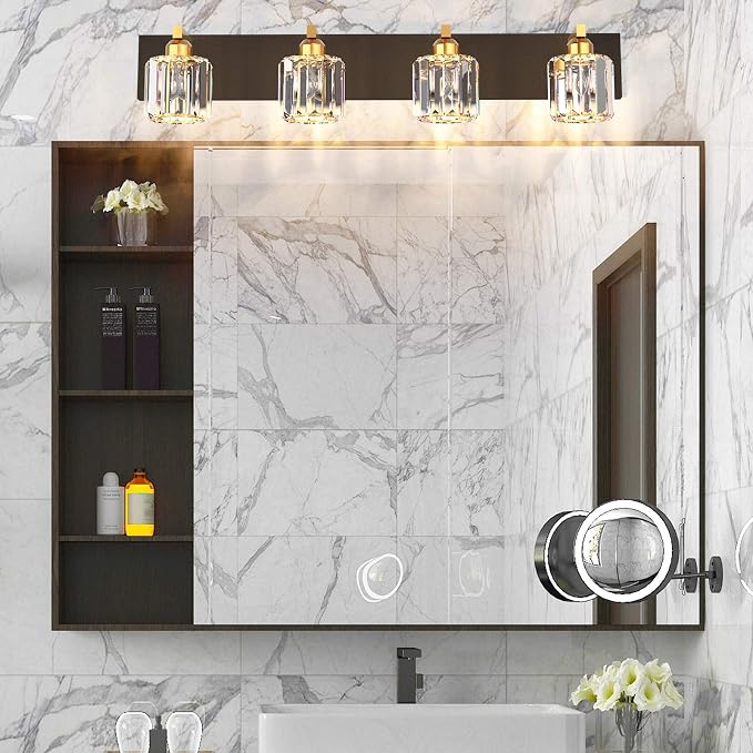 Aipsun Crystal Bathroom Vanity Lighting Black Vanity Light Fixtures Modern Vanity Light for Bathroom 4 Lights(Exclude Bulb)