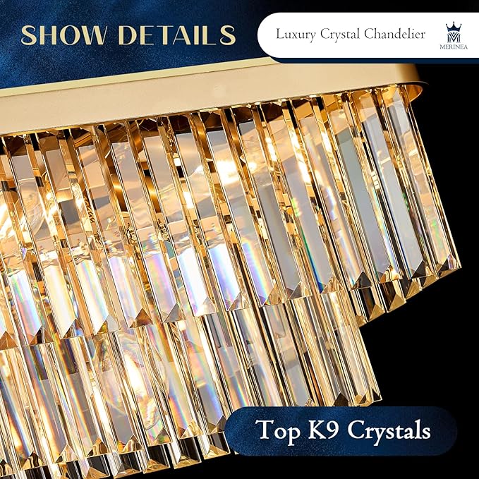 Rectangular Crystal Chandeliers K9 Luxury Gold Chandelier L33.5” Rectangle Linear Pendant Light Fixtures 11 Lights Contemporary for Kitchen Island Dining Room Living Room Bar