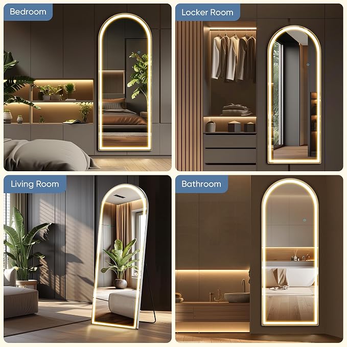 26"x71" Arched LED Full Length Mirror with Stand, Full Body Mirror | LED Lights 3 Color Lighting, Wall Hanging or Leaning, Floor Standing, Modern Simple Home Wall Decor