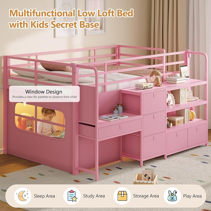 DICTAC Low Loft Bed with Desk and 6 Storage Drawers Twin Loft Bed with Bookshelf,LED Lights & Under-Bed Play Space,Twin Beds for Girls with 13.8''H Safety Guardrail,Inclined Ladder & Play Curtain,Pink