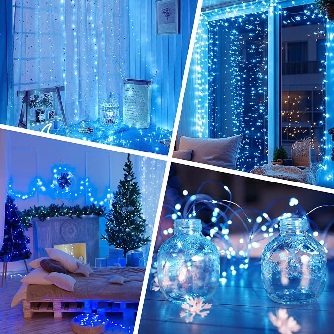 32FT(16×2) Blue Fairy Lights, Rechargeable Battery Operated LED String Lights with Timer, 8 Modes Waterproof Mini Twinkle Lights for Bedroom Christmas Wedding Centerpiece Table Decor